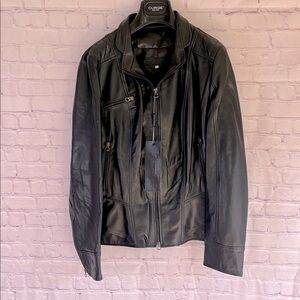 Italian‎ Black Leather Zip Up Jacket Made by CURGÈ Woman size XL or EU 56 NWT